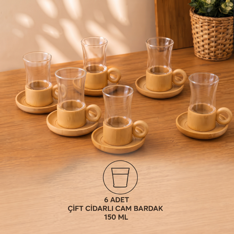 12 Parça Çay Seti - Bambu Bardak Altığı - Çift Cidarlı Cam - 150 ml  - 3